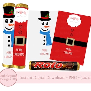 Opakowanie na świąteczne rolady Santa & Snowman, Wydrukowane opakowania na czekoladowe cukierki, Wydrukowany plik PDF A4, Wypełniacz skarpet, Natychmiastowe pobieranie cyfrowe