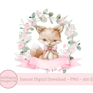 Joli renard en couronne de roses roses PNG, renard des bois rose noeud sublimation Design, conception de fête des bois pour filles, renard, téléchargement immédiat