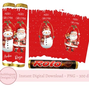 Opakowanie na świąteczne rolady Santa & Snowman, Wydrukowane opakowania na czekoladowe cukierki, Wydrukowany plik PDF A4, Wypełniacz skarpet, Natychmiastowe pobieranie cyfrowe