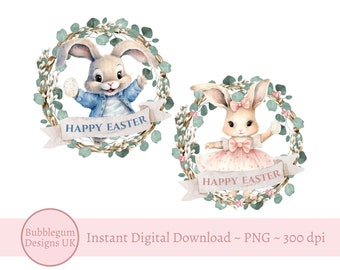 Set of 2 Blue & Pink Bunny Happy Easter Wreath PNG, Easter Bunny Sublimation Design, Easter Bunny Clip Art, Rabbit, Instant Digital Download