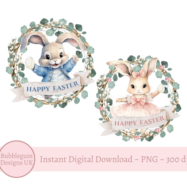 Set of 2 Blue & Pink Bunny Happy Easter Wreath PNG, Easter Bunny Sublimation Design, Easter Bunny Clip Art, Rabbit, Instant Digital Download