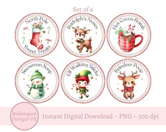 Puede incluir: Conjunto de seis etiquetas redondas de Navidad con varias ilustraciones y texto. Las etiquetas representan un muñeco de nieve, un elfo, un reno, Rudolph, chocolate caliente y una media. El texto en las etiquetas incluye "Polo Norte", "Narices de Rudolph", "Bomba de chocolate caliente", "Sopa de muñeco de nieve", "Bastones de caminar de elfo" y "Caca de reno".