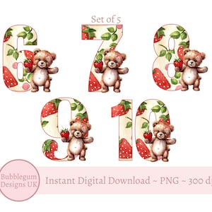 Números de ursinho de pelúcia de morango de 6 a 10 anos, designs de sublimação, PNG, clipart de frutas vermelhas, design de morango, camiseta de aniversário, download digital instantâneo