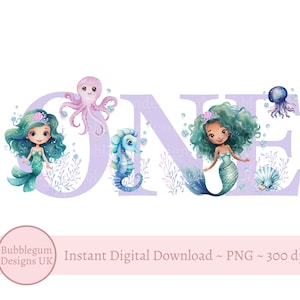 Sirènes un PNG, conception de sublimation de 1er anniversaire de sirène, sous la mer, conception numérique de sirène, anniversaire de sirène, téléchargement numérique instantané