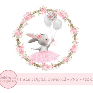 Ballon-Häschen rosa Rosen Kranz PNG, Sublimationsdesign, neues Baby, Babyparty, Geburtstagskind, Kaninchen Clip Art, sofortiger digitaler Download