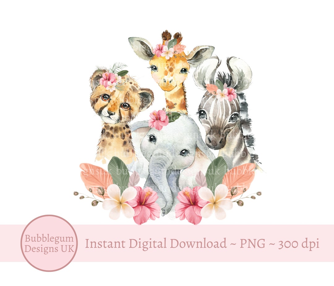 Pink Safari Baby Animals PNG, Watercolor Baby Animals, Kids T Shirt