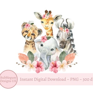 Animais Bebês Safari Rosa PNG, Animais Bebês Aquarela, Design de Sublimação para Camisetas Infantis, Design de Cartão de Aniversário para Meninas, Download Digital Instantâneo
