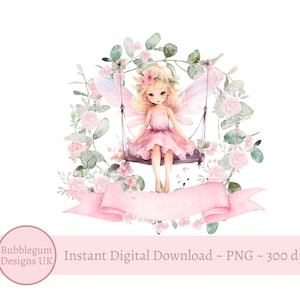 Coroa de flores de balanço de fada rosa PNG, design de sublimação de fada, decoração de aniversário de fada, fada caprichosa, cartão de fada, download digital instantâneo