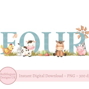 Blaue Farm VIER 4. Geburtstag PNG, Bauernhoftiere Sublimationsdesign, Geburtstag T-Shirt Design, Kuh, Lamm, Pferd, sofortiger digitaler Download