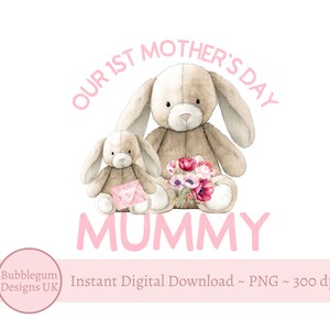 Unsere erste Muttertag Mama & Baby Bunny Pink Sublimationsentwurf, PNG, Muttertagskartendesign, rosa Blumen, sofortiger digitaler Download