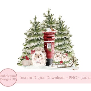 Escena navideña familiar de erizos PNG, erizo de acuarela, diseño de sublimación, imagen de tarjeta, imagen de saco de Papá Noel, descarga digital instantánea