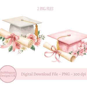 May include: Watercolor illustrations of graduation caps and diplomas. One cap is white, the other is pink, both with gold tassels. Each is surrounded by pink and white flowers and a rolled diploma tied with a pink ribbon. The text "2 PNG FILES" is at the top.