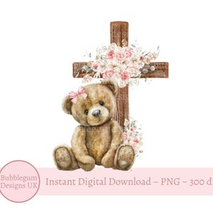 Rosa Blumenholzkreuz & Teddybär PNG, Baby-Taufe, Baby-Taufe Sublimationsdesign, sofortiger digitaler Download