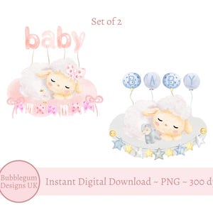 Set mit 2 rosa blauen Babylamm & Ballons PNG, neue Baby Sublimation, Baby Girl, Baby Boy, neues Baby Kartenbild, sofortiger digitaler Download,