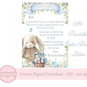Carta de conejo de Pascua A4, nota de conejo de Pascua azul, carta de conejo de Pascua, JPG, carta imprimible, descarga digital instantánea