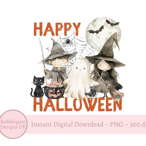 May include: A digital illustration of a happy Halloween scene with a ghost, two children dressed as witches, a black cat, and a cauldron. The text "HAPPY HALLOWEEN" is written in orange letters.