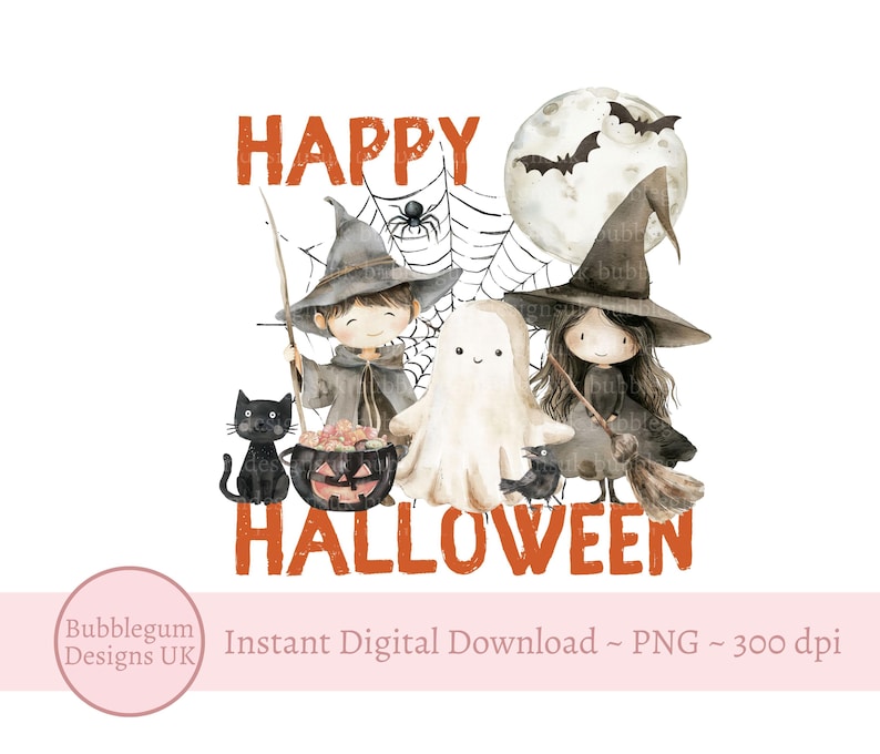 May include: A digital illustration of a happy Halloween scene with a ghost, two children dressed as witches, a black cat, and a cauldron. The text "HAPPY HALLOWEEN" is written in orange letters.