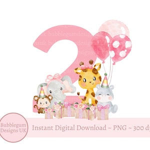 Rosa Baby Safari Tiere 2 PNG, Aquarell Baby Tiere, Geburtstag T Shirt Sublimation Design, Mädchen 2.Geburtstag, sofortiger digitaler Download