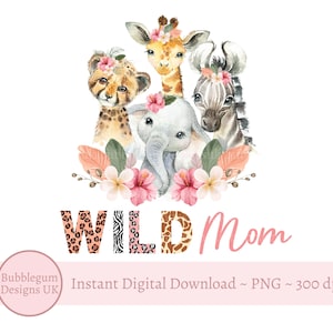 Animais selvagens do Safari da mãe PNG, animais bebês em aquarela, design de sublimação de camiseta da mãe, sublimação de camiseta da família, download digital instantâneo
