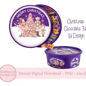 May include: A round purple chocolate tub lid design featuring a Merry Christmas graphic with a ballerina, a nutcracker, a mouse, and a pink Christmas tree. The design includes a purple tub filled with assorted chocolate bars and the text Heroes.