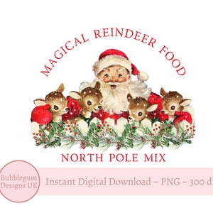 Cibo magico per renne PNG, design adesivo per cibo per renne, etichetta natalizia per Babbo Natale e cervi, mix del Polo Nord, download digitale istantaneo