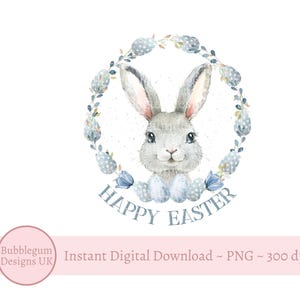 Bunny Happy Easter Blue Egg and Floral Wreath PNG, Easter Bunny Sublimation Design, Easter Bunny Clip Art, Rabbit, Instant Digital Download