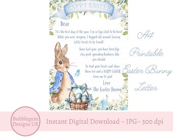 A4 Easter Bunny Letter, Blue Happy Easter Bunny Note, Easter Rabbit Letter, JPG, Printable Letter, Instant Digital Download