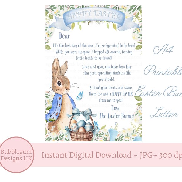 A4 Easter Bunny Letter, Blue Happy Easter Bunny Note, Easter Rabbit Letter, JPG, Printable Letter, Instant Digital Download