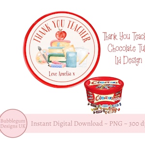 Thank You Teacher Chocolate Tub Lid Design, PNG, Printable Chocolate Candy Tub Lid, Teacher Appreciation Sticker, Instant Digital Download
