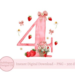 Fraise 4e anniversaire PNG, conception de sublimation de t shirt joyeux anniversaire baies, fraise marguerite 4e anniversaire, téléchargement immédiat