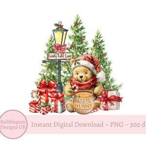 Winnie The Pooh Candy Cane Lane PNG, Orsetto Pooh di Natale in sublimazione, Design per biglietti di Natale, Design per sacco di Babbo Natale, Download digitale istantaneo