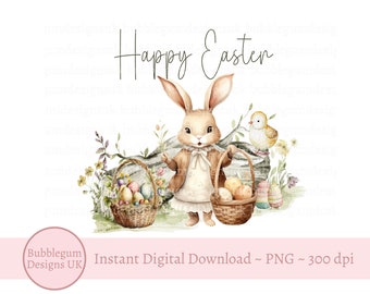 Happy Easter Woodland Bunny Sublimation Design, PNG, Easter Egg Basket Bunny, Easter Bunny & Chick, Easter Art, Instant Digital Download