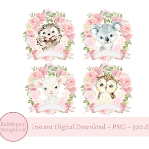 Lot de 4 - couronne de roses roses bébé animal PNG, couronne de roses roses, agneau, koala, hérisson, hibou, conception par sublimation, téléchargement immédiat