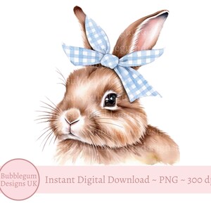 Easter Bunny & Blue Bow Sublimation Design, PNG, Easter Bunny Blue Gingham Bow, Bunny Rabbit, Coquette Easter, Instant Digital Download