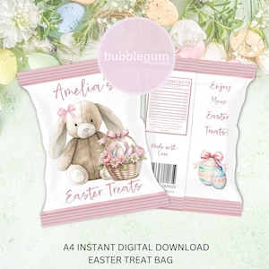 Confezione di dolcetti pasquali con orecchie a sventola rosa, formato JPG stampabile in formato A4, sacchetto di dolcetti pasquali, buona Pasqua, pacchetto di patatine, sacchetto di patatine, download digitale istantaneo