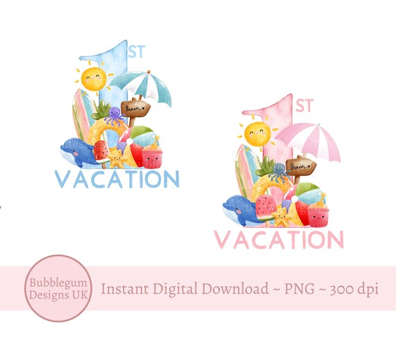 Pink Blue First Vacation PNG, Beach Vacation Design, Holiday Shirt Sublimation Design, My First Holiday, Beach Tee, Instant Digital Download