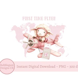 初めてのフライヤー PNG、ピンクの飛行機と子羊の初めてのホリデー デザイン、ホリデー T シャツ昇華デザイン、初めてのホリデー、インスタント デジタル ダウンロード