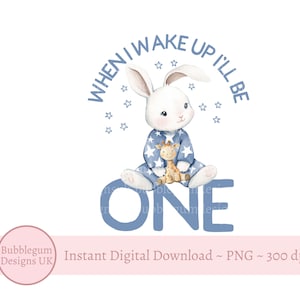 Blauwe konijntje voor het slapengaan 1e verjaardag sublimatieontwerp, PNG, When I Wake Up I Will Be One, kinderverjaardagspyjama, instant digitale download