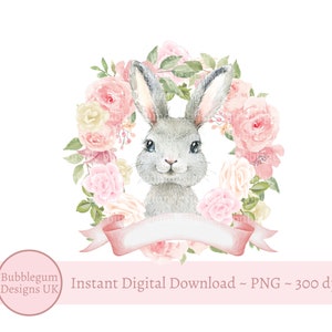 Graues Häschen rosa Blumenkranz PNG, Aquarell Häschen Sublimationsdesign, Häschen Geburtstagskarte Design, sofortiger digitaler Download
