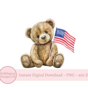May include: A watercolor illustration of a brown teddy bear holding a small American flag. The bear has a friendly expression and is sitting down. The flag features red and white stripes and a blue field with white stars.