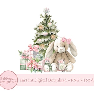 Rosa Hase und Weihnachtsbaum PNG, Weihnachtskaninchen Sublimationsdesign, Weihnachtskartendesign, Weihnachtssack Design, sofortiger digitaler Download