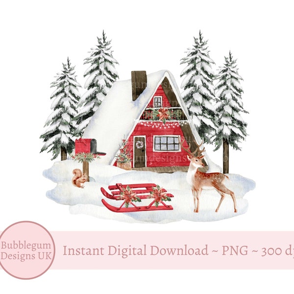 Schneebedeckte Weihnachten Chalet Szene PNG, Schnee Szene Berghütte ClipArt, Winter Dekor PNG, Sublimation Design, Transfer, Instant Download