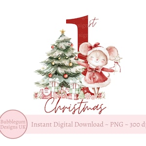 Myszka 1st Christmas PNG, Sublimacja świąteczna, Projekt kartki świątecznej, Projekt worka Świętego Mikołaja, Myszka świąteczna, Natychmiastowe pobieranie cyfrowe