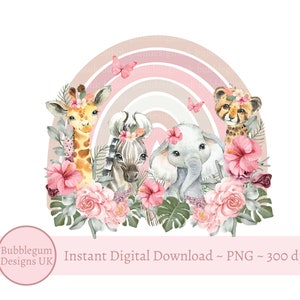 Animais Safari Arco-íris Rosa PNG, Design de Camiseta para Meninas Animais Safari, Festa Wild One Safari Rosa, Animais da Selva, Download Digital Instantâneo