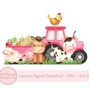 Tractor de granja rosa PNG, diseño de sublimación de animales de granja, diseño de camiseta de granja, diseño de tarjeta de cumpleaños, vaca, cordero, cerdo, descarga digital instantánea