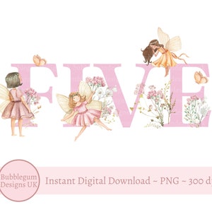Fada Rosa Flores Silvestres Cinco PNG, Design de Sublimação de Fadas, Decoração de Festa de 5 Anos de Fada, Festa de Fada Fantástica, Download Digital Instantâneo