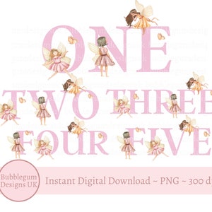 Pacote de fada rosa de 1 a 5 anos, PNG, design de sublimação de fadas, decoração de festa de aniversário de fadas, festa de fadas caprichosa, download digital instantâneo