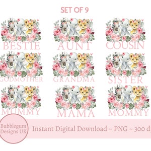 9 x Pink FAMILY BUNDLE Wild One Safari Animals PNG, Animais da Selva, Designs de Sublimação de Camisetas Safari, Dois Selvagens, Download Digital Instantâneo