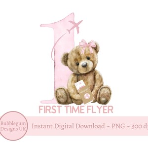 初めてのフライヤー テディベア PNG、ピンクの初めてのホリデー T シャツ昇華デザイン、女の子の初めてのフライヤー、フライング シャツ、インスタント デジタル ダウンロード