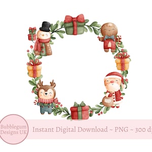 Christmas Santa & Friends Wreath PNG, Christmas Wreath, Snowman, Reindeer, Santa Sack Design , Holiday Sublimation, Instant Digital Download